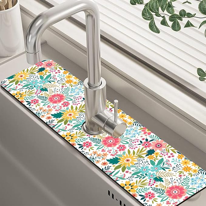 Colorful Floral Leaves Berries Kitchen Sink Splash Guard Mat Absorbent Fast