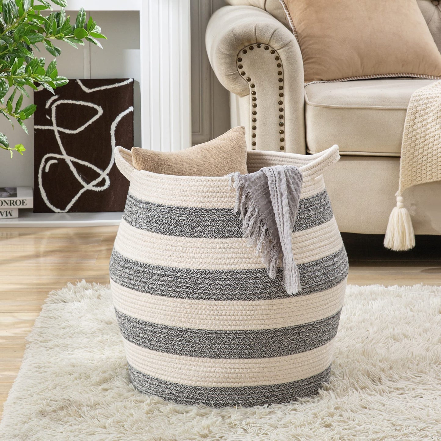 KAKAMAY Woven Baskets for Storage(17"x17"),Large Cotton Rope Basket Woven Baby Laundry Hamper,Collapsible Laundry Basket, Blanket Basket for Organizing Living Room,Nursery,Pillows,Toy Chest(Grey)