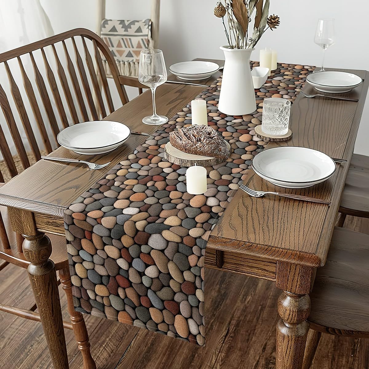 Pebble Table Runner 3D Stone Gravel Cloth for Dining Table - Garden Cobble Print Cobblestone Hawaii Beach Tabletop Decor 48"x13",Grey Brown