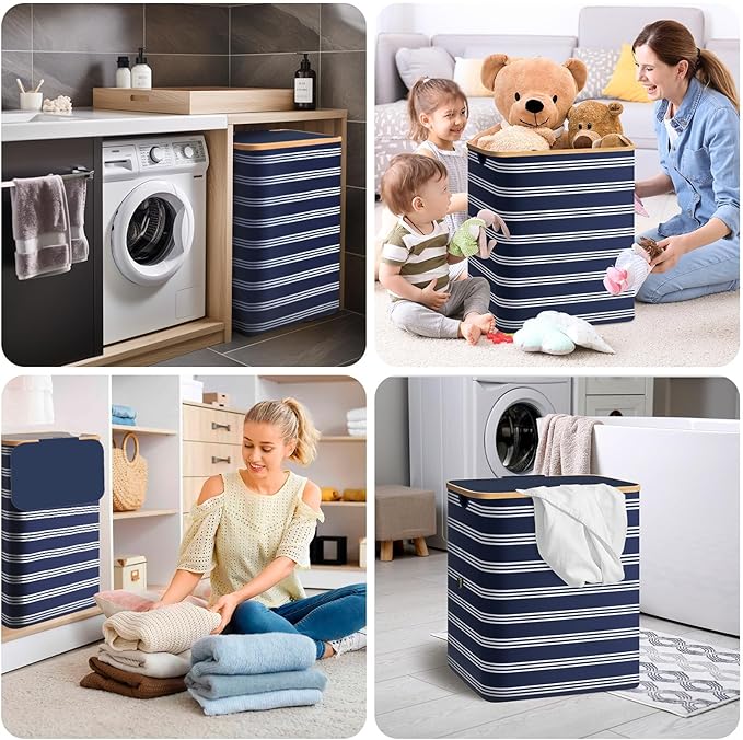 BALEINE Laundry Hamper with Lid, Tall Laundry Baskets with Bamboo Pull Handles