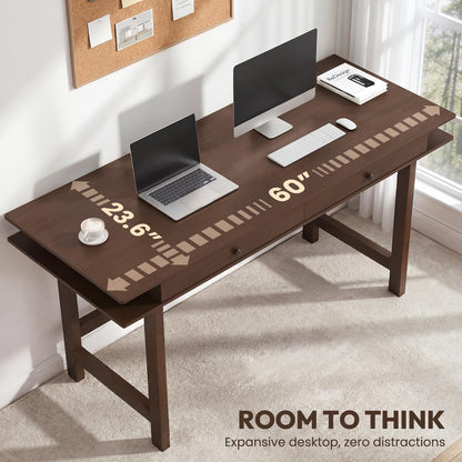 ELEVAQ Double-Top Solid Wood Desk - 60-Inch Mid-Century Modern Writing Table with Drawers for Home Office, Study, and Creation, Rubberwood Computer Desk in Black Walnut