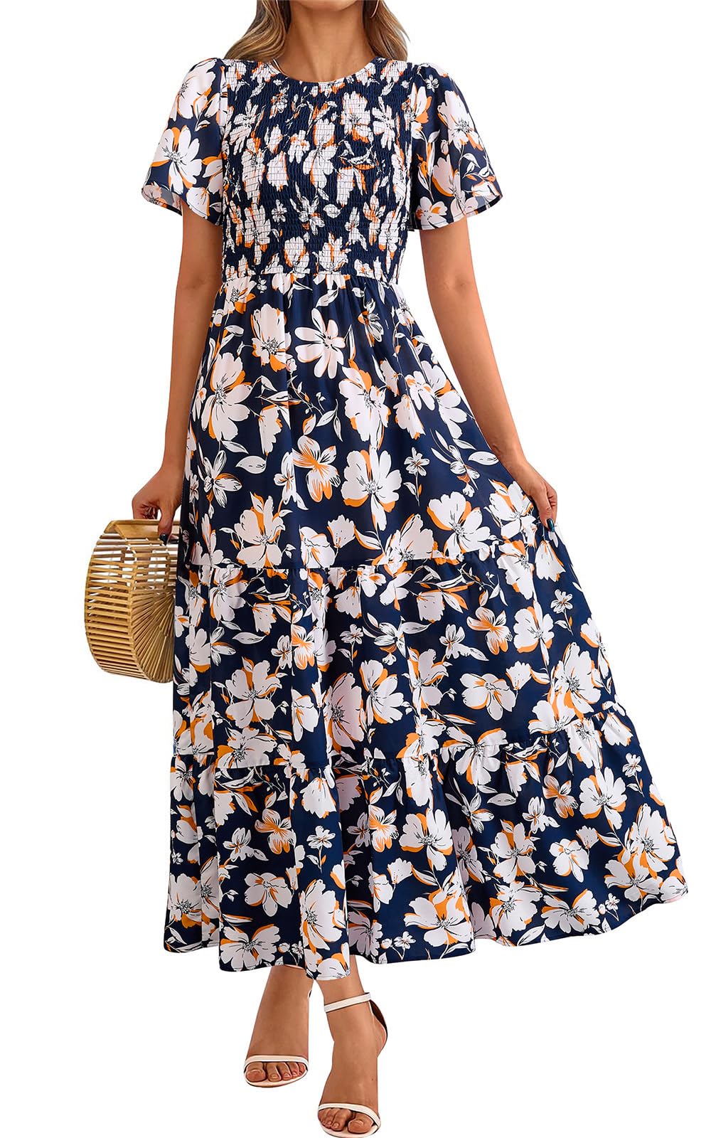 PRETTYGARDEN Women's 2025 Summer Casual Flutter Short Sleeve Boho Floral Maxi Dress Crew Neck Smocked Tiered Long Dresses