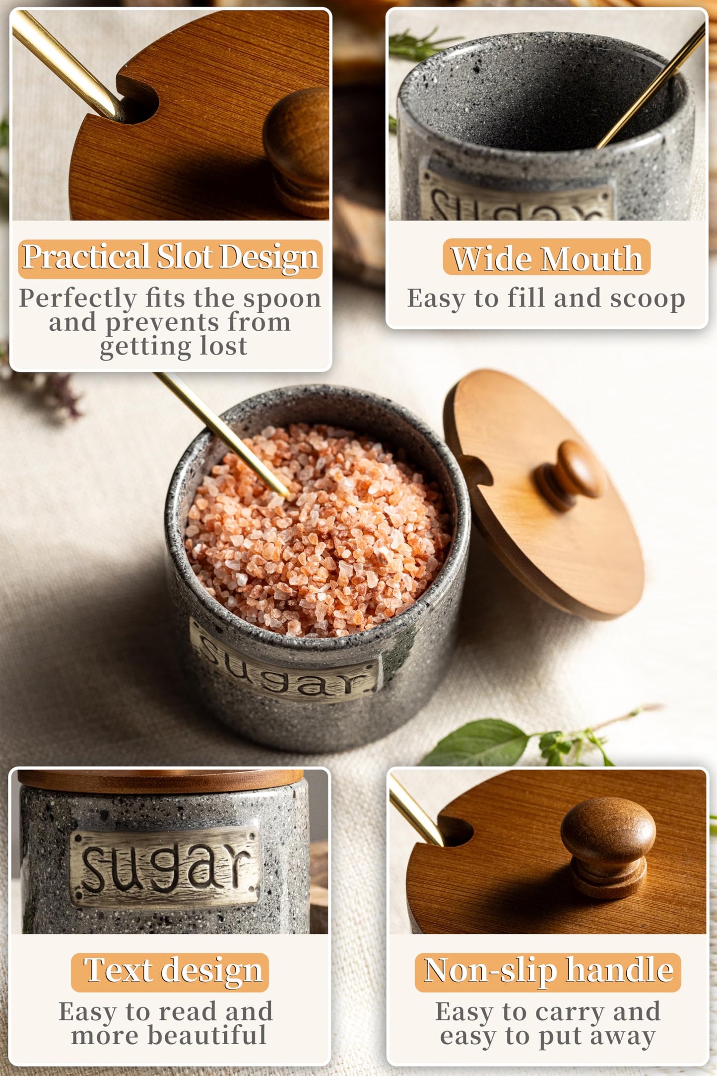 Sugar Container, Sugar Holder, Sugar Bowl with Lid and Spoon, Sugar Jar Porcelain Salt Bowl with Wood Lid and Stainless Steel Spoon, Ceramic Sugar Bowl 15oz Coffee Canister Kitchen Decor, Grey