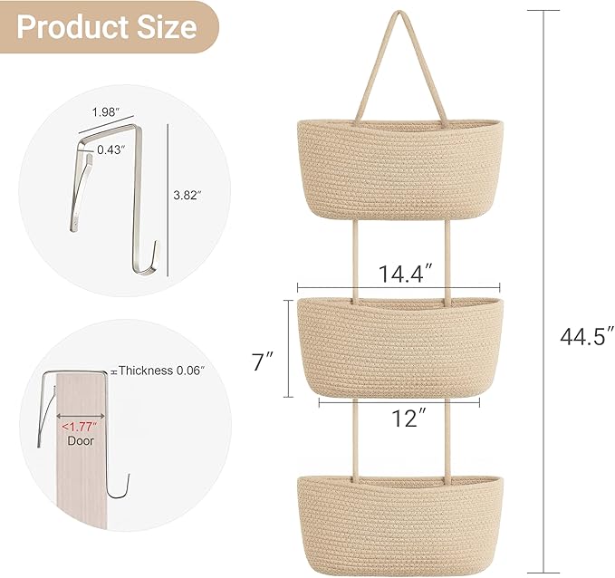 Dahey Over The Door Hanging Basket 3-Tier Woven Boho Wall Mounted Storage