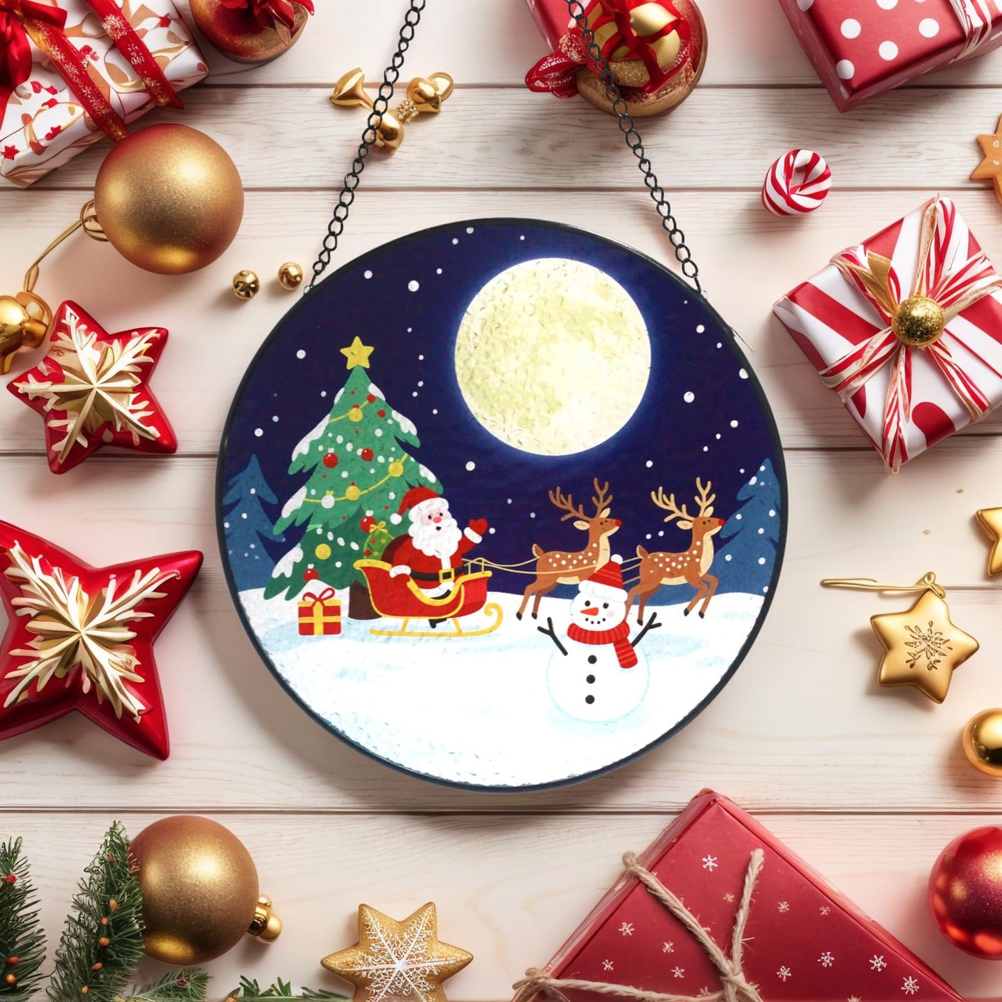 Christmas Stained Glass Suncatcher Window Decor with Santa, Reindeer, Snowman Home Decoration Indoor for Bedroom Living Room Door Wall for Women Men Friend Parent Lover, 7.8 Inch