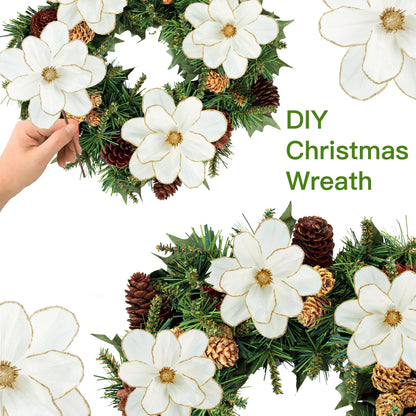 Sggvecsy 10Pcs Christmas Glitter Flowers Velvet Magnolia Flower Christmas Tree Ornaments Artificial Poinsettia Floral Picks for Xmas Wedding DIY Crafts Wreath Party Floral Decorations(White)