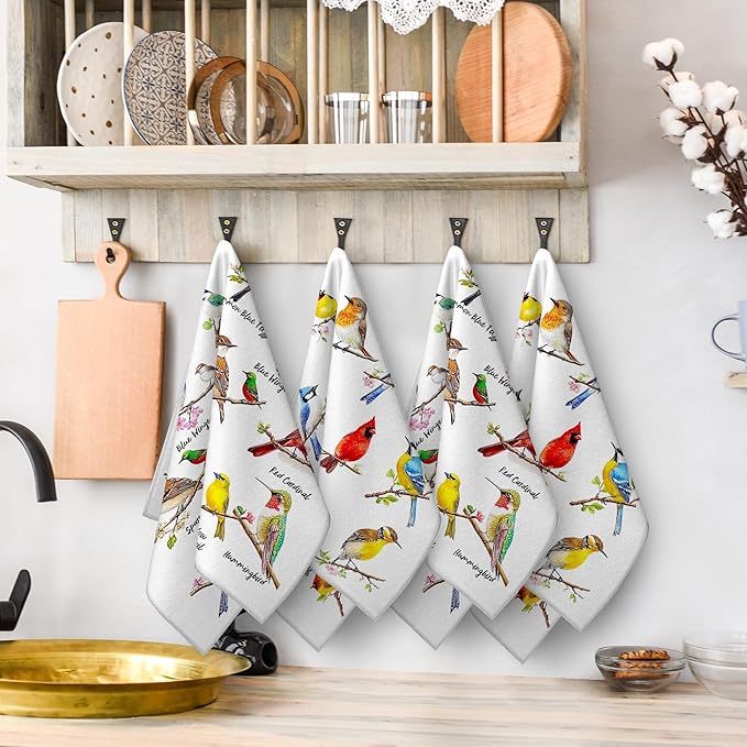 Birds on Branch Kitchen Towels Decorative Set of 4, Absorbent Cardinal