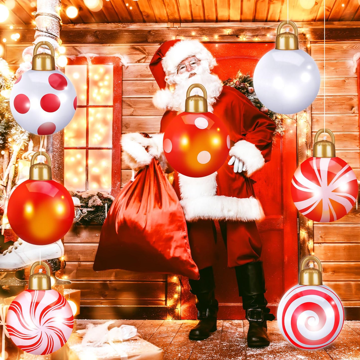 Jetec 8 Pcs 12 Inches Light Up Inflatable Christmas Balls Large Inflatable Christmas Balls PVC Giant Christmas Ornaments Oversized Christmas Balls for Holiday Garden Lawn Porch Tree