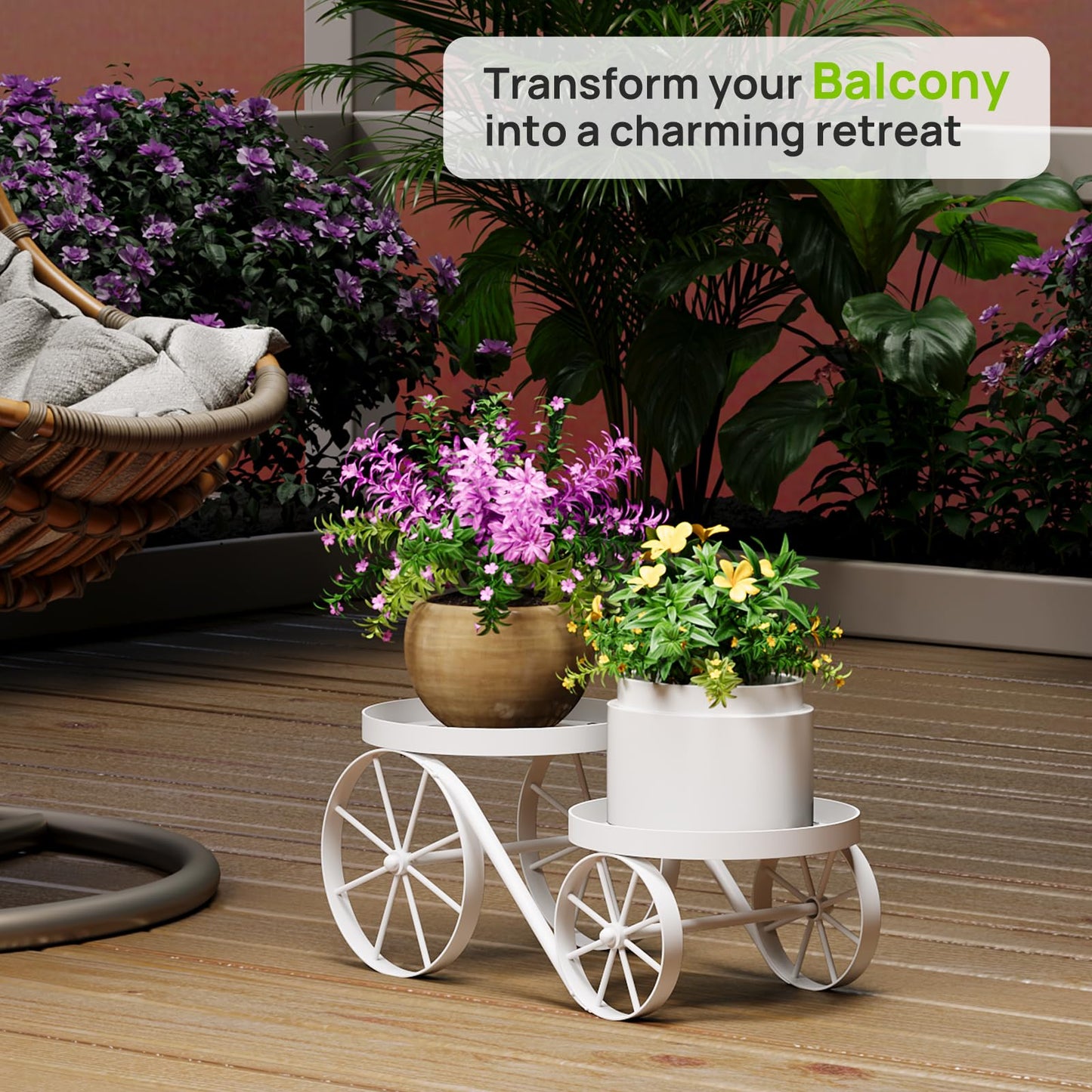 Cute Plant Stand Indoor Outdoor 2-Tier Metal Heavy Duty Flower Pot Holder with Decorative wagon wheels, Multi-Use Planter Display Rack Shelf for Garden Patio Balcony Living Room Corner (White)