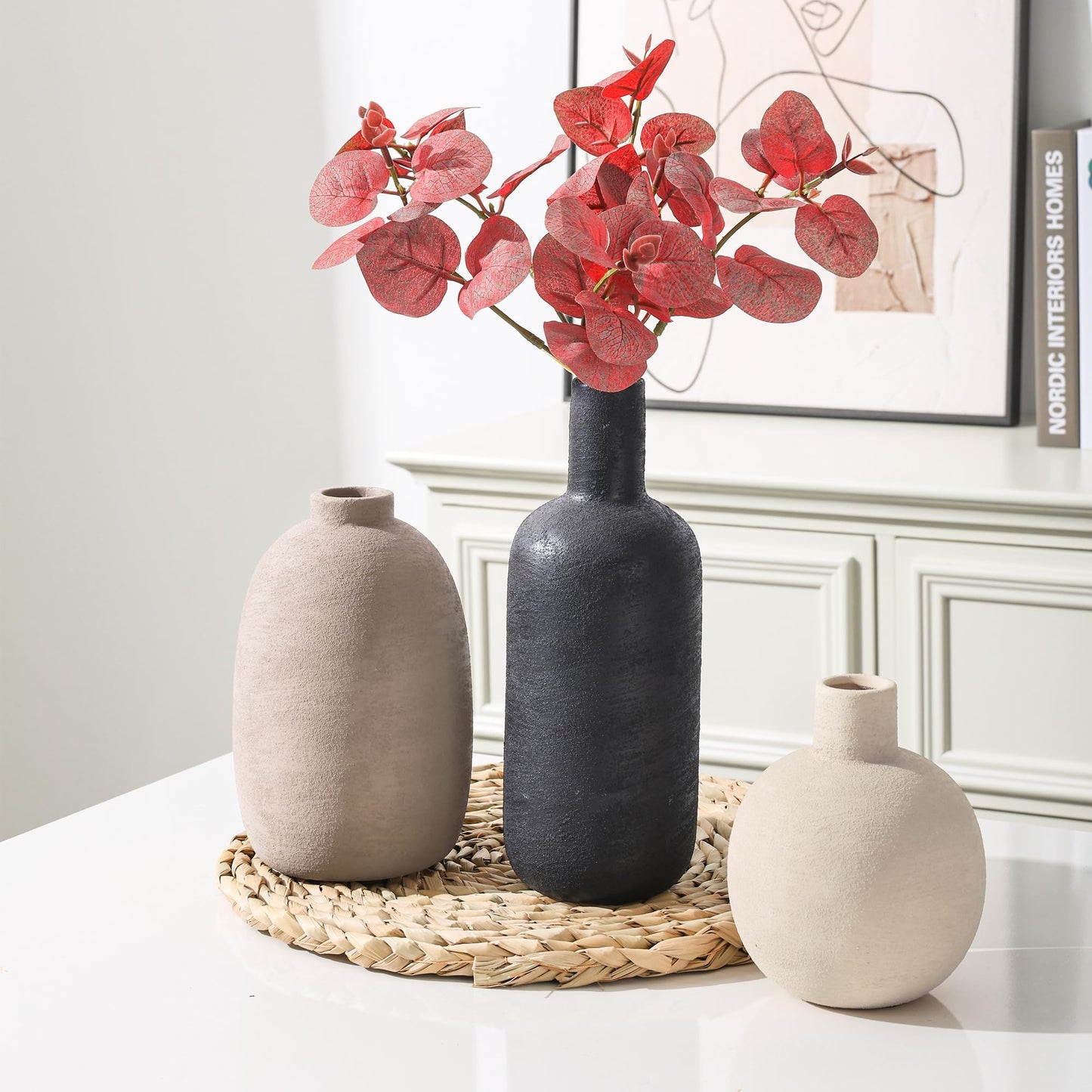 Ceramic Vase Set, Rustic Distressed Large Flower Vases in Pottery Decor, Modern Boho Farmhouse Decor for Pampa Grass, Dried & Fresh Flowers, Decorative Vase for Living Room, Kitchen, Entryway, Black