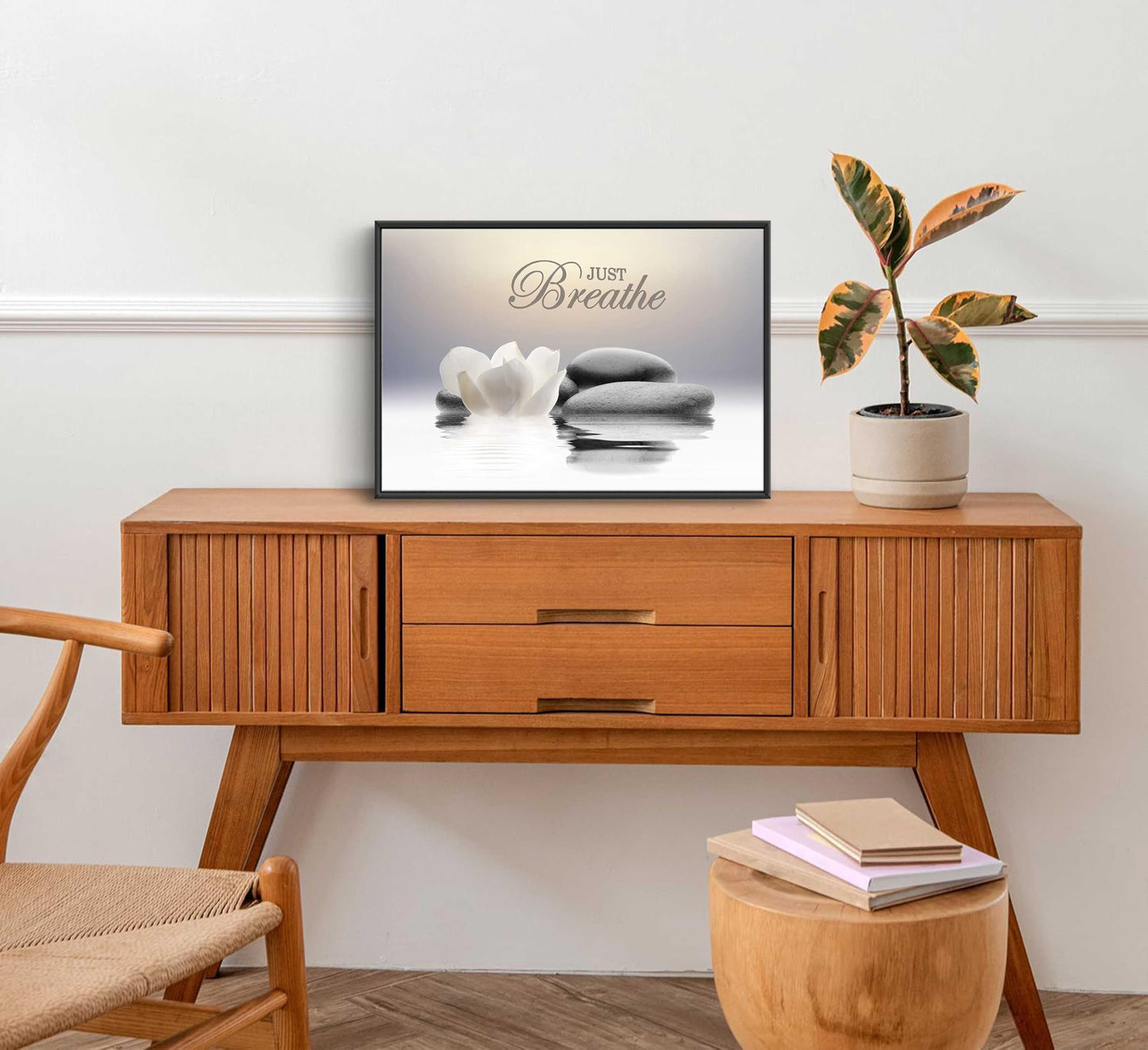 Framed Zen Stone Flower Wall Art White Lotus Just Breathe Yoga Quotes Picture Wall Decor Water Lily Stone Poster Print Artwork for Bathroom Yoga Room Spa Room Meditation Room Office Home Decoration