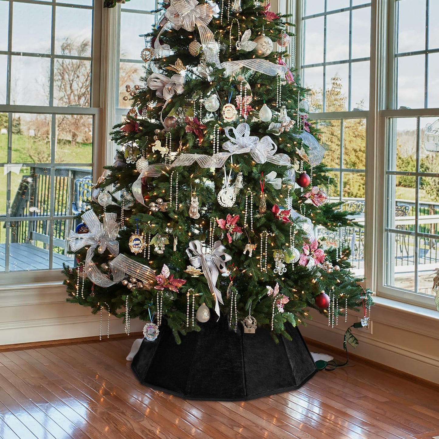 Black Velvet Christmas Tree Collar - Folable Tree Ring & Skirt for Artificial Trees - Base Stand Cover Decoration