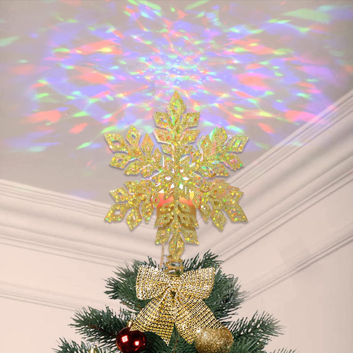 Christmas Tree Topper,Lighted Glitter Snowflake Tree Topper with Neon Lights for Christmas Tree and Holiday Seasonal Decoration(Gold)
