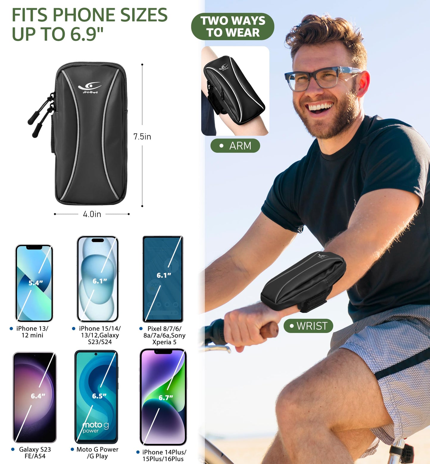 HiRui Arm Bag & Wrist Bag Phone Holder, Sports Running Armband for Gym, Cycling & Workout, Compatible with iPhone 17/16/15 Series, Samsung Galaxy & More, Reflective, Adjustable, Secure Fit (Black)