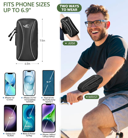 HiRui Arm Bag & Wrist Bag Phone Holder, Sports Running Armband for Gym, Cycling & Workout, Compatible with iPhone 17/16/15 Series, Samsung Galaxy & More, Reflective, Adjustable, Secure Fit (Black)