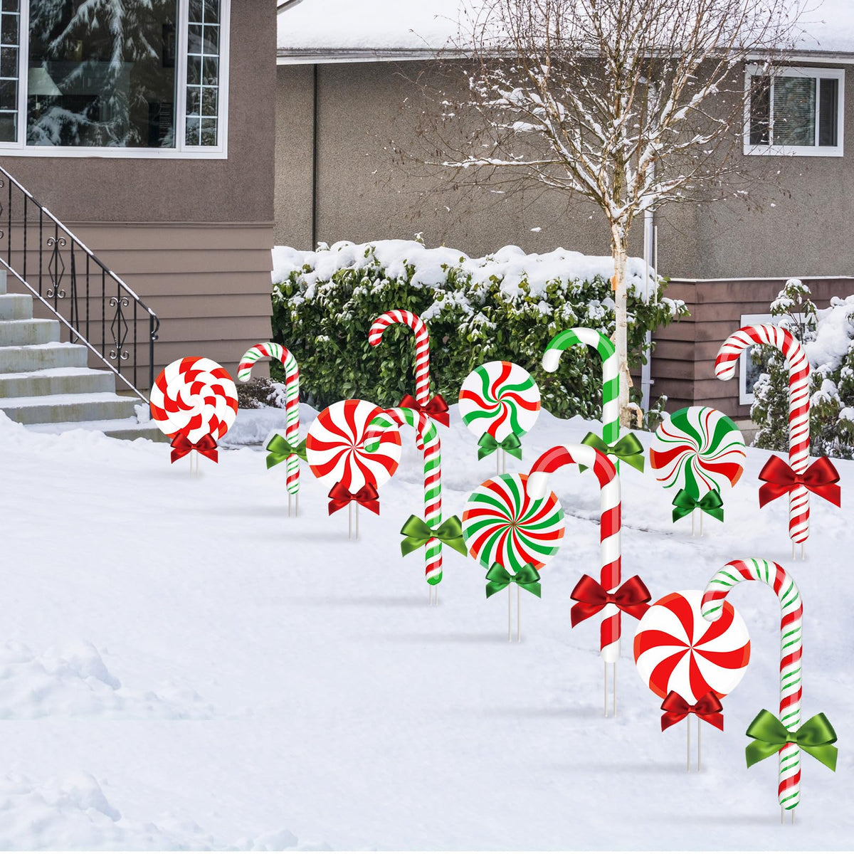 Glenmal 12 Pcs Christmas Yard Decor Outdoor Peppermint and Candy Cane Yard Decorations with Stakes Waterproof Xmas Garden Lawn Pathway Decorations Christmas Decor Outside(Red White, Red Green)
