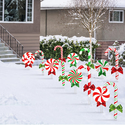 Glenmal 12 Pcs Christmas Yard Decor Outdoor Peppermint and Candy Cane Yard Decorations with Stakes Waterproof Xmas Garden Lawn Pathway Decorations Christmas Decor Outside(Red White, Red Green)