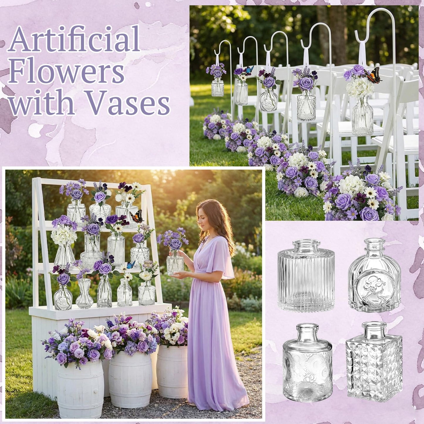 Ferrochef 36 Pcs Artificial Flowers Table Centerpiece with Vases Colorful Wildflower Centerpieces Silk Flower Arrangement for Wedding Baby Shower Table Centerpieces Party(Purple Series,Clear)