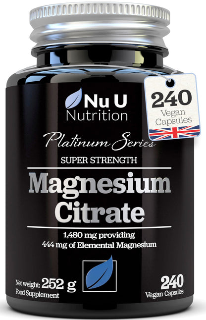Magnesium Citrate 1480mg - 240 Vegan Capsules - 4 Month Supply - Providing 444mg Elemental Mag - Capsules not Tablets - High Strength Supplement - Made in The UK - Nu U Nutrition