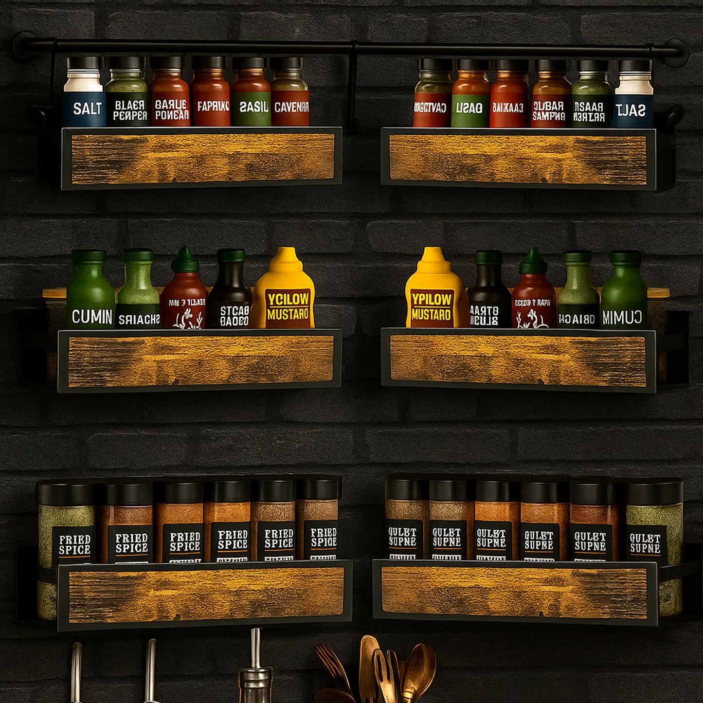 ROURANB Spice Rack Wall Mount for Large Spice Jars, 6 Pack Ironwood Spice Organizer shelf for Rustic, Industrial and Modern Kitchens,Quick Adhesive Strips and Screws for Mounting (Engineered Wood)