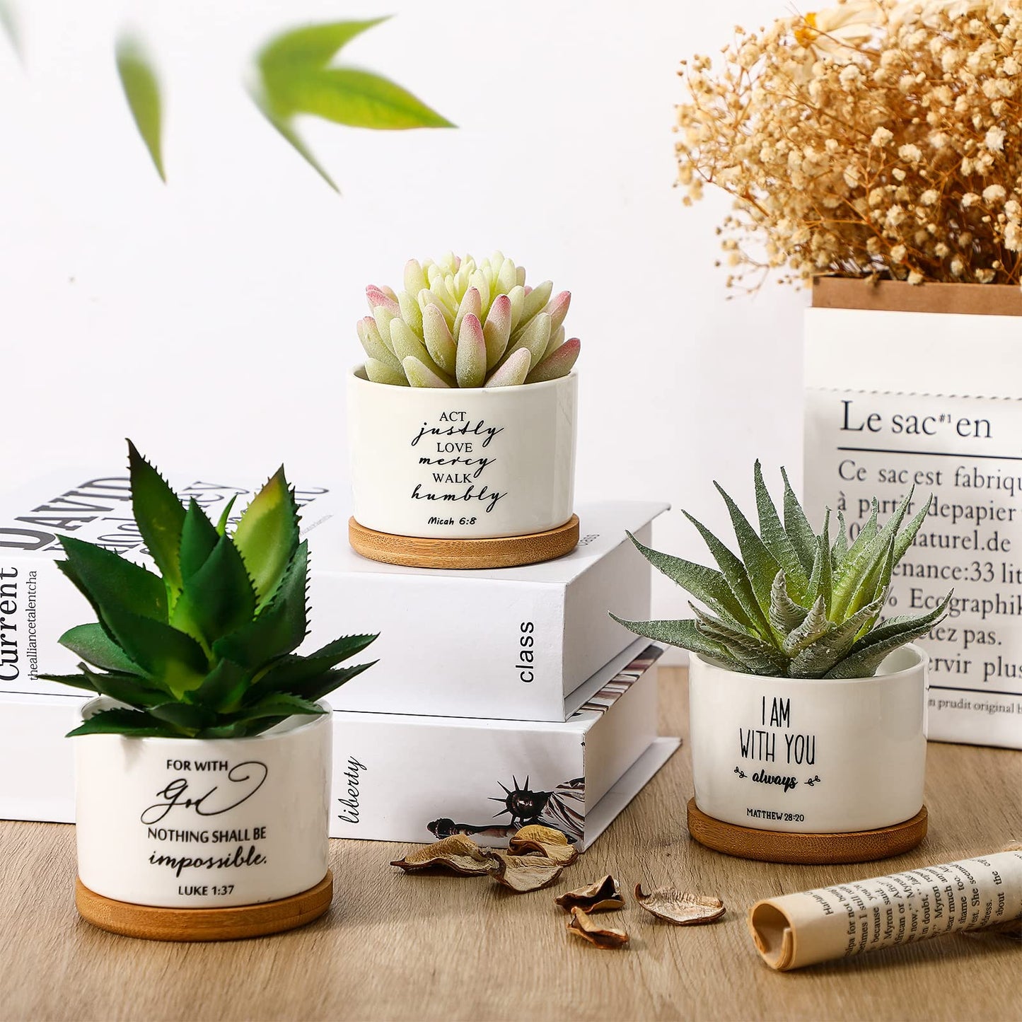 Sieral 6 Pcs Bible Verse Succulent Pots White Ceramic Flower Planter with Bamboo Tray Small Pots Christian Gift Succulent Planters for Patio Garden 3 x 3 x 2 Inch, Plants Not Included(Bible Style)