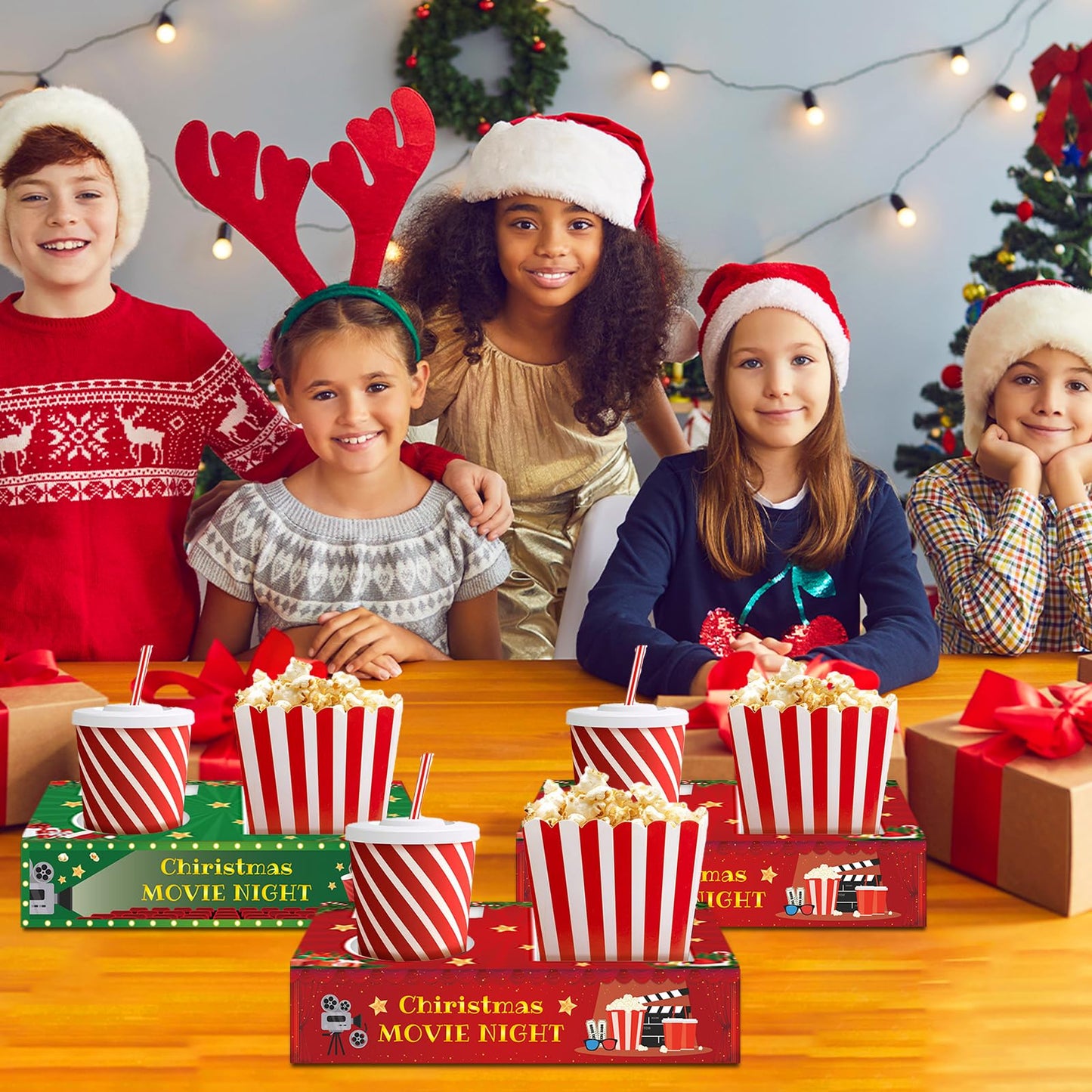 32 Pcs Movie Night Snack Trays Hold Popcorn Candy Food Drink Boxes Merry Christmas Movie Night Party Supplies Christmas Popcorn Food Candy Drink Tray for Kid's Birthday Theater Family Xmas Party Decor