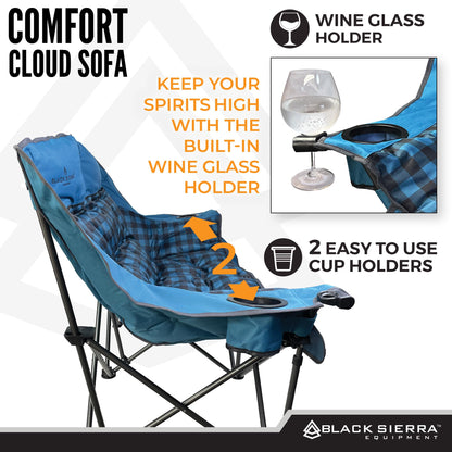 Black Sierra Double Loveseat Comfort Camping Couch, Oversized Folding Chair for Adults, 600‑lb Capacity, Plush Padded Heavy Duty Outdoor Seat with Cup Holders & Carry Bag for Beach, RV
