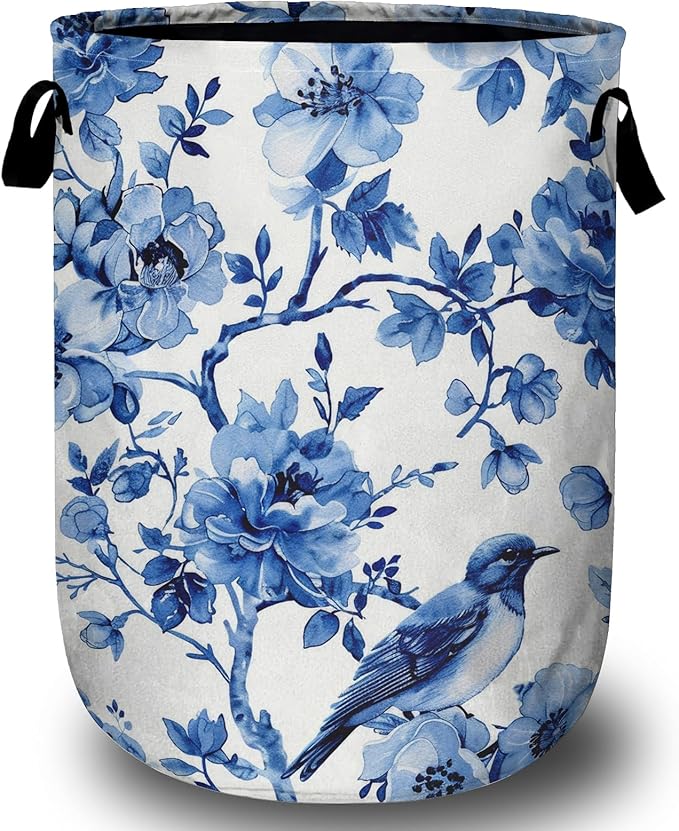 Blue Flower Bird Laundry Basket, Foldable Waterproof Laundry Hamper Tote Bag
