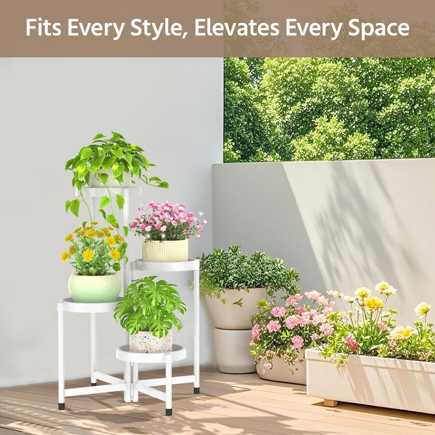 LASZOLA 4 Tiered Plant Stand Indoor Outdoor with Plastic Tray, Corner Folding Tall Flower Display Rack, Modern Plant Holder Shelf for Outdoor Patio Porch Garden Office Living Room, White