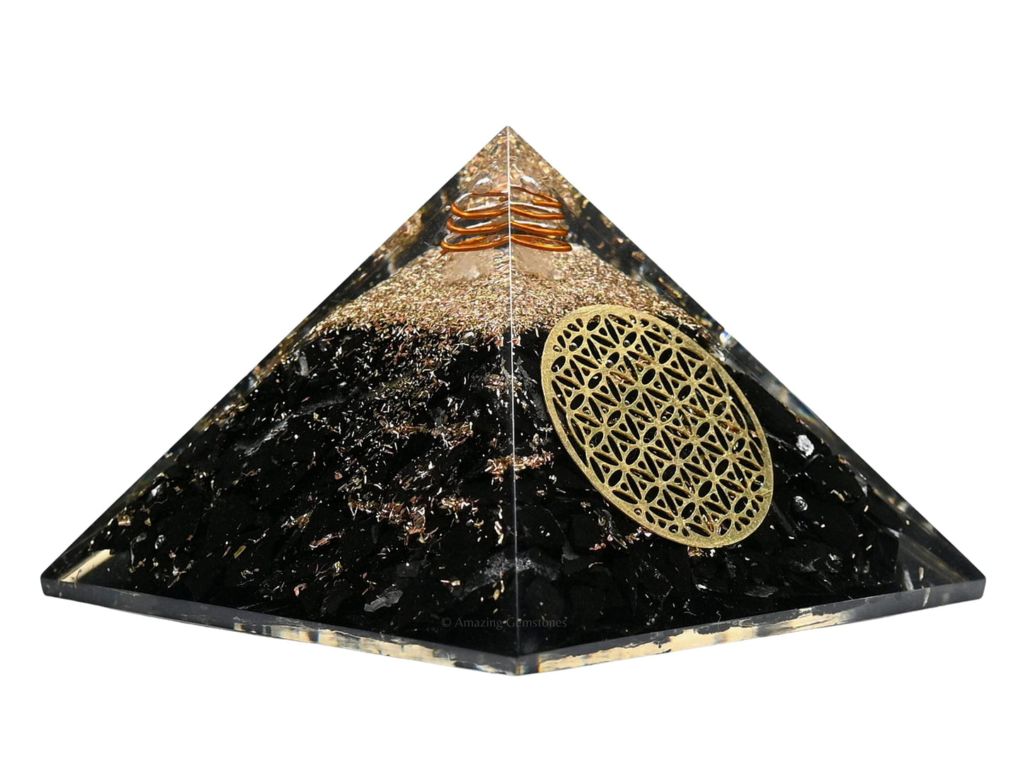 Amazing Gemstone Large Shungite Orgone Pyramid Crystal - Flower of Life Orgonite Pyramid - Positive Energy Healing