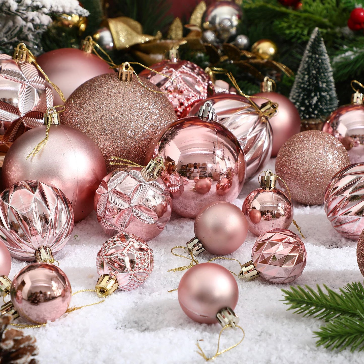 Soulchen 46 Pcs Rose Gold Christmas Balls Ornaments Set, 3.94/3.15/2.36/1.57 Inch Shatterproof Christmas Tree Hanging Plastic Balls Xmas Ornaments Decor for Xmas Tree Wreath Party Decoration Supplie