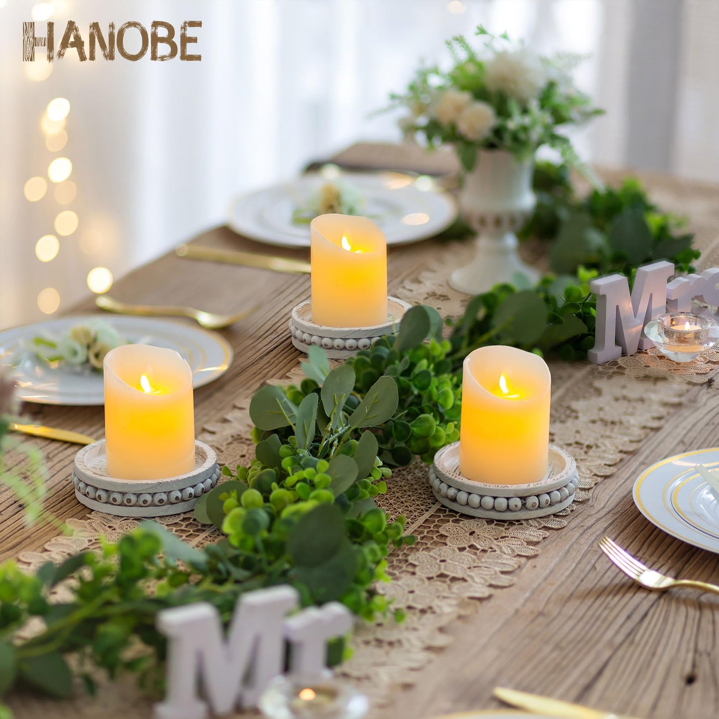 Hanobe Candle Holder for Pillar Candles: Set of 3 Rustic Farmhouse Wooden Candlestick Holders - Whitewashed Candle Stand for Table Centerpieces Fireplace Mantel Home Decor