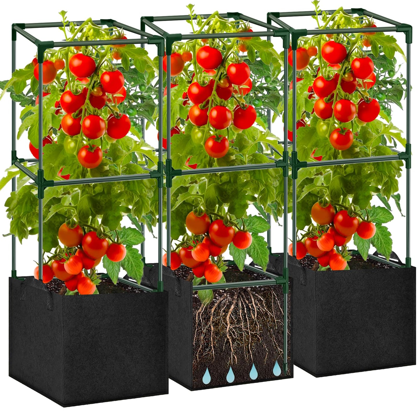 SUNXIZ 3 Pack Tomato Cages 47 Inch for Garden with 19.5 Gallon Square Grow Bags Planter Pots with Heavy Duty Trellis Plant Stakes Support Frames for Vertical Climbing Cucumber Vegetables Flowers