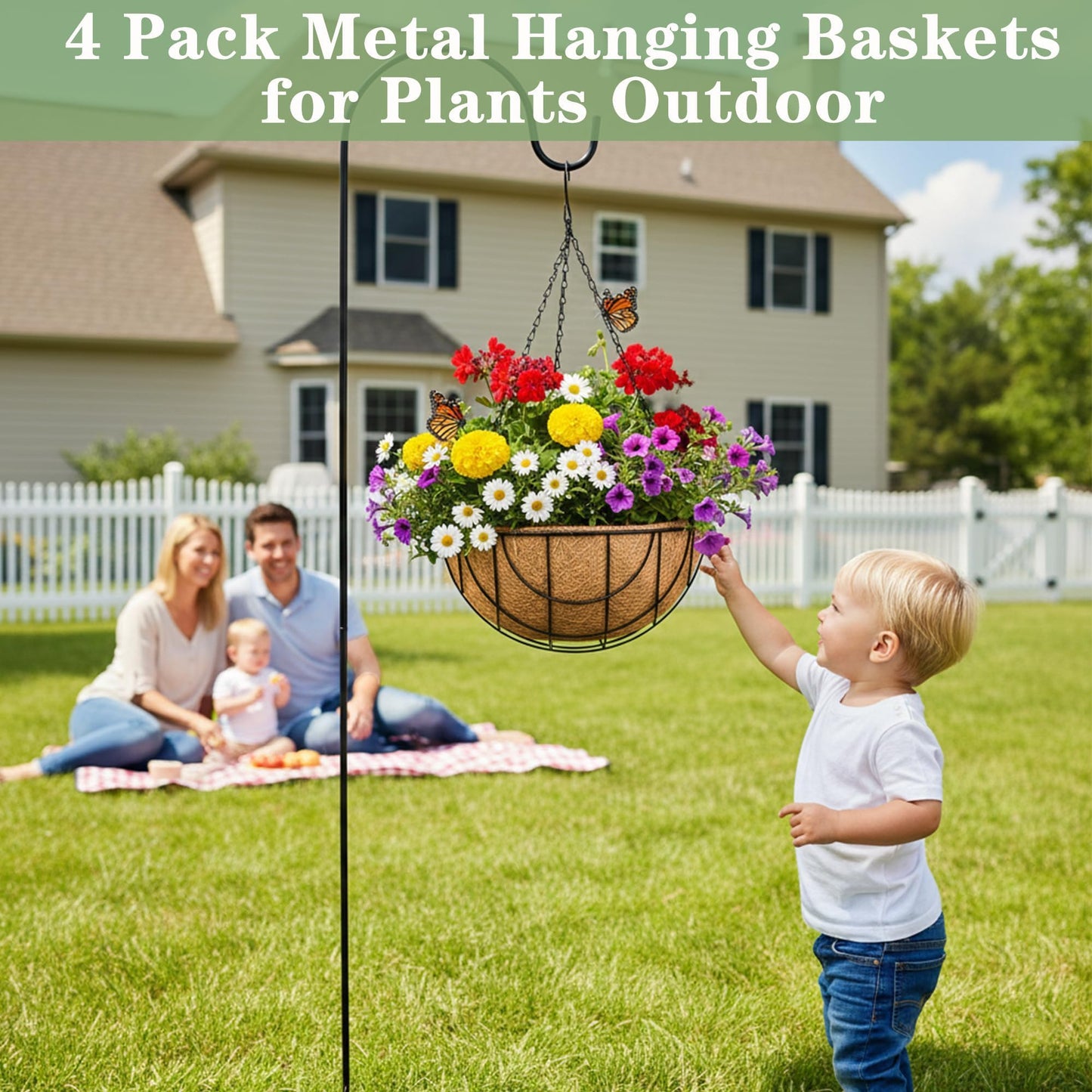 EIMQUVW Outdoor Metal Hanging Planters Basket (4pack, 14 inch) Hanging Baskets for Plants Chain Round Wire Plant Holder with Coco Fiber Liners for Garden, Patio, Deck, Porch(Grid)