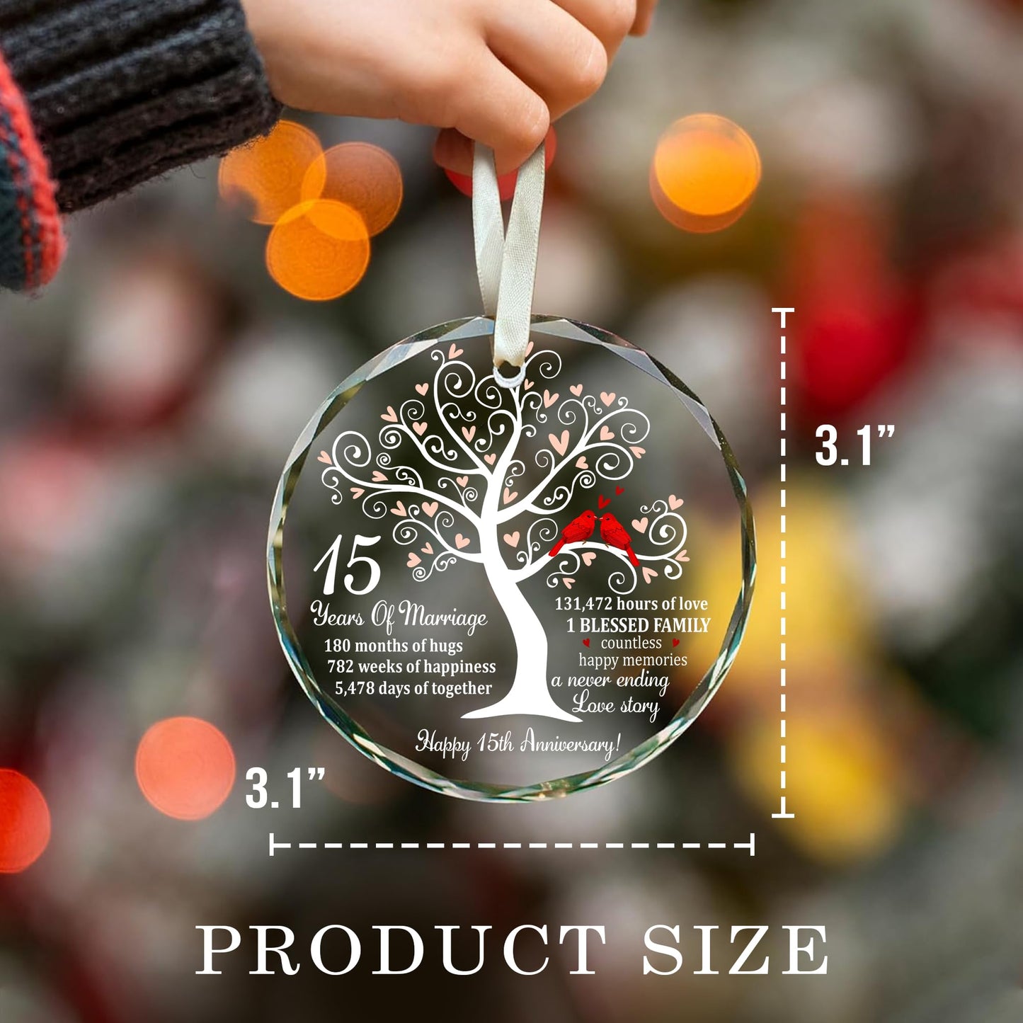 Bozspacer 15th Wedding Anniversary Ornament for Parents Couple Wife Husband - Crystal Anniversary Wedding Gift Ideas - Christmas Glass Ornament for 15 Years Marriage