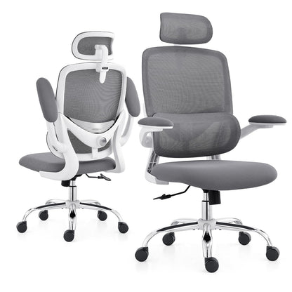 TONFARY Ergonomic Home Office Chair, High Back Mesh Desk Chair with Adjustable Lumbar Support, Flip-up Armrest, Removable Headrest, Swivel Computer Gaming Chair, Space Saving, 330LBS (White+Grey)