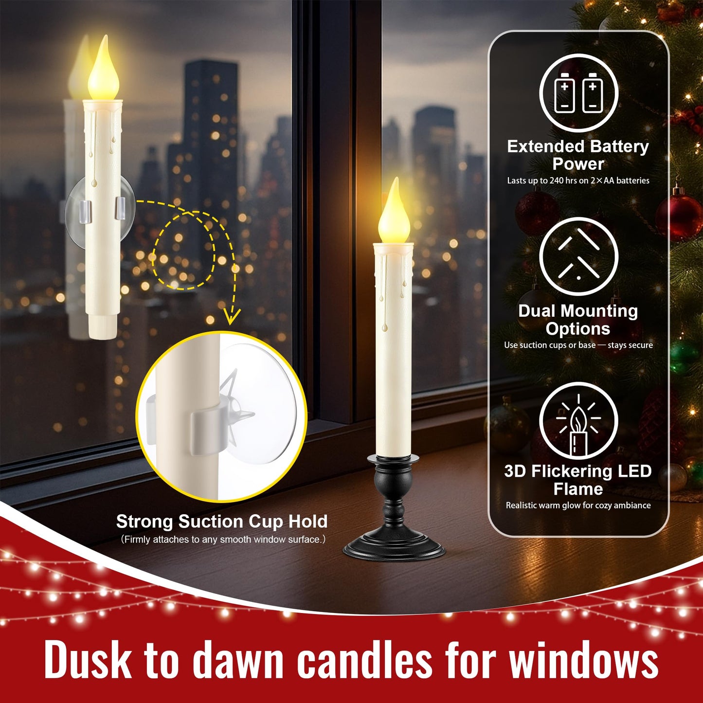 12 Pack Battery Operated Window Candles with Sensor Dusk to Dawn, Ivory Flameless Taper Candlesticks with Removable Black Base & Suction Cups, LED Candlestick for Christmas Decor Home, 24 AA Batteries