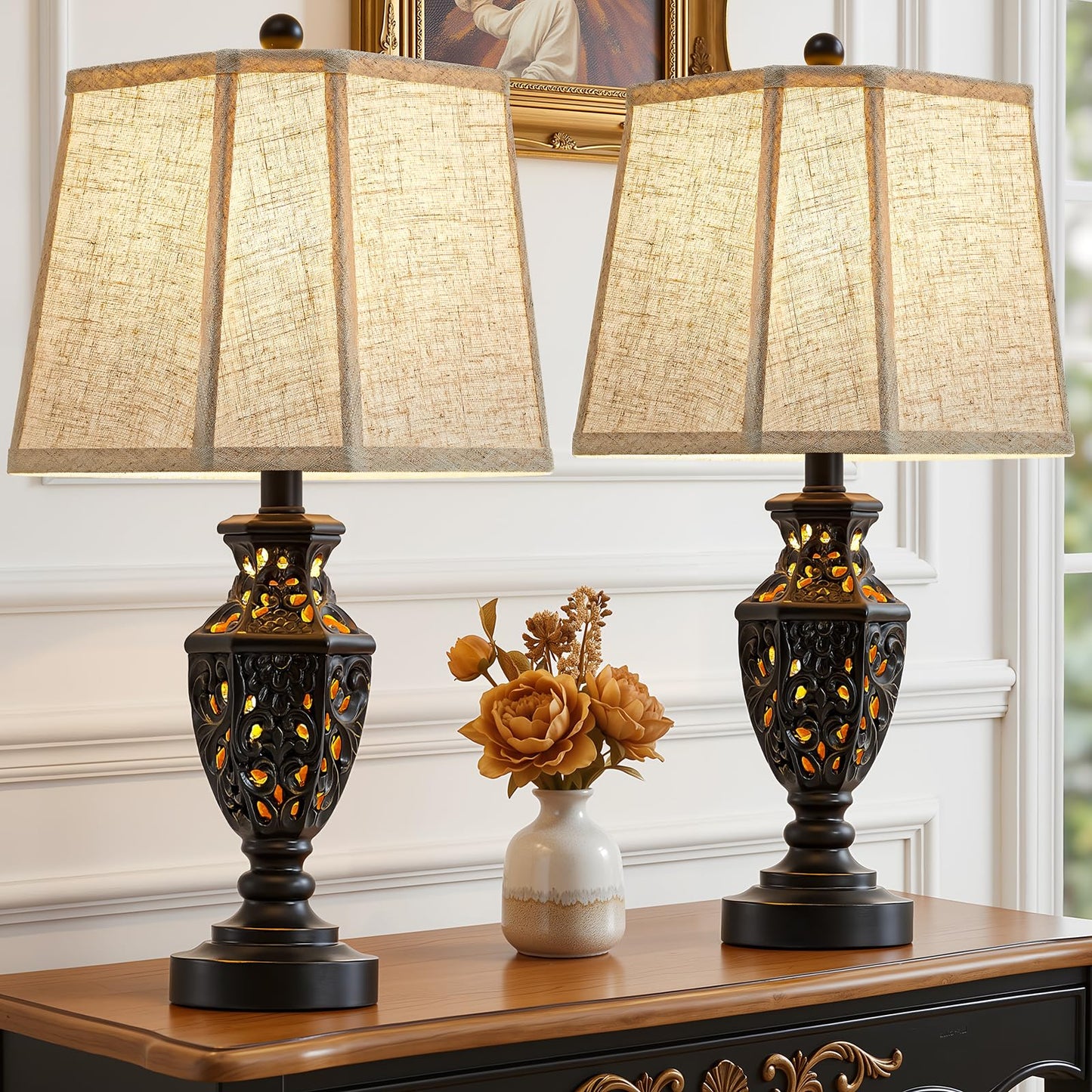 EJIAXIN Lamps for Night Stands Set of 2-23.5" Vintage Bedside Lamp with USB A+C and Nightlight - Black Retro Carved Resin Farmhouse Table Lamp for Bedrooms, End Tables, Living Room, Bulbs Included