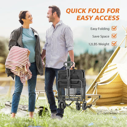 Sweetcrispy Collapsible Foldable Wagon Cart, Large Capacity Garden Beach Cart with All-Terrain Wheels, Heavy Duty Utility Grocery Wagon with Drink Holders for Shopping Sports Camping, Large Black