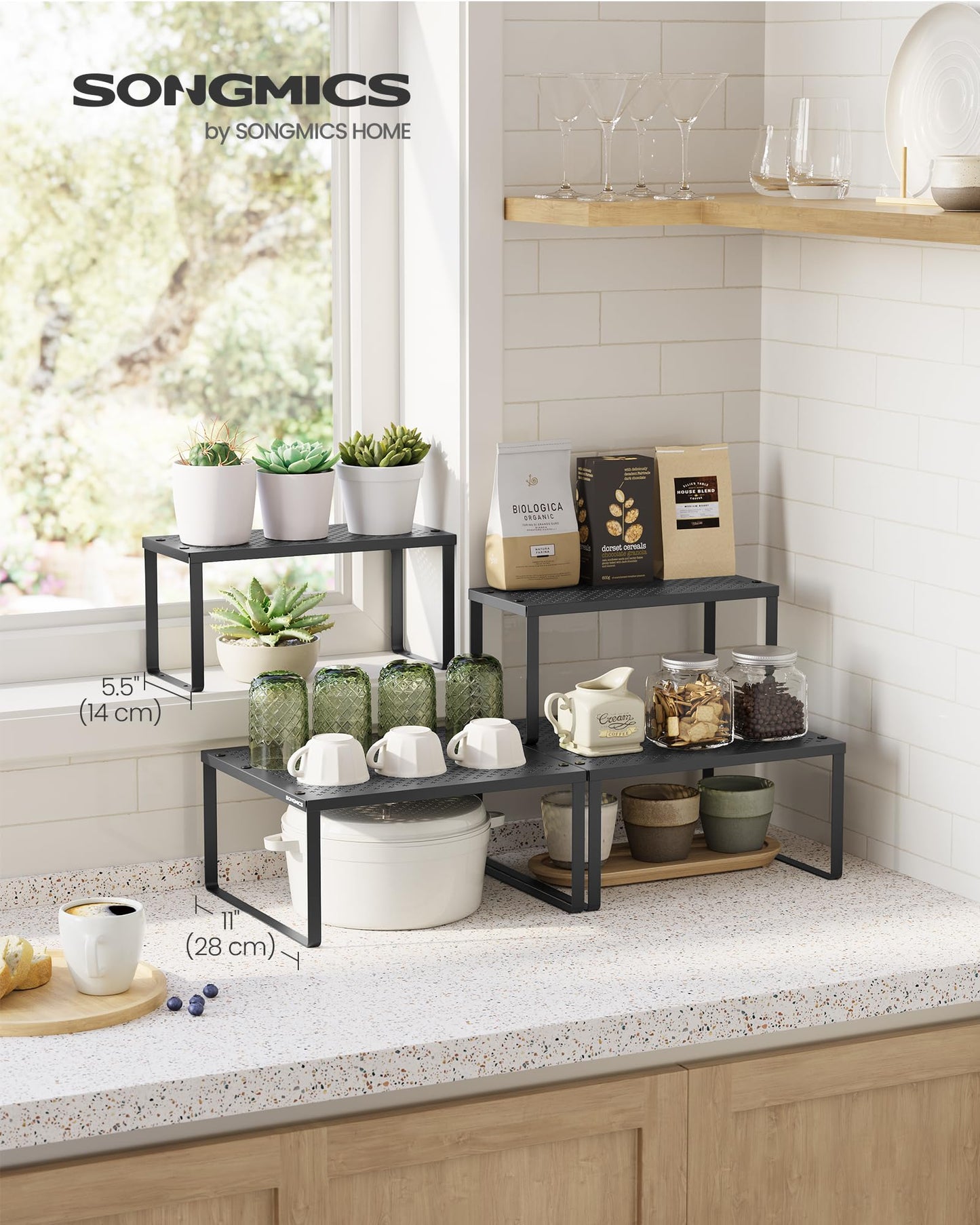 SONGMICS Spice Racks, Set of 2 Metal Cabinet Shelf Organizers, Countertop Organizers, Shelf Risers, Stackable, Expandable, Silver UKCS01SV