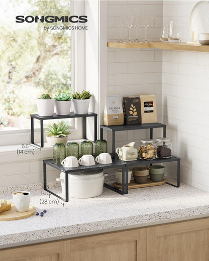 SONGMICS Spice Racks, Set of 2 Metal Cabinet Shelf Organizers, Countertop Organizers, Shelf Risers, Stackable, Expandable, Silver UKCS01SV