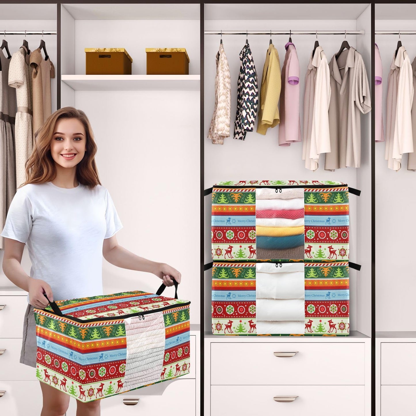 Christmas Clothes Storage Bag Foldable Storage Bin with Handle Zipper Clear Window Closet Organizer for Bedding Blankets 60L