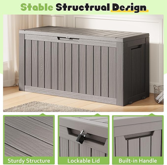 Outdoor Storage Box, Resin Deck Boxes Indoor and outdoor, Waterproof Storage Box Lockable Lid (Grey, 75 Gallon)