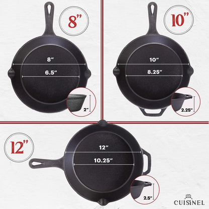 Cuisinel Cast Iron Skillets Set with Lids - 8"+10"+12"-inch Pre-Seasoned Covered Frying Pan Set + Silicone Handle and Lid Holders + Scraper/Cleaner - Indoor/Outdoor, Oven, Stovetop, Fire Safe Cookware