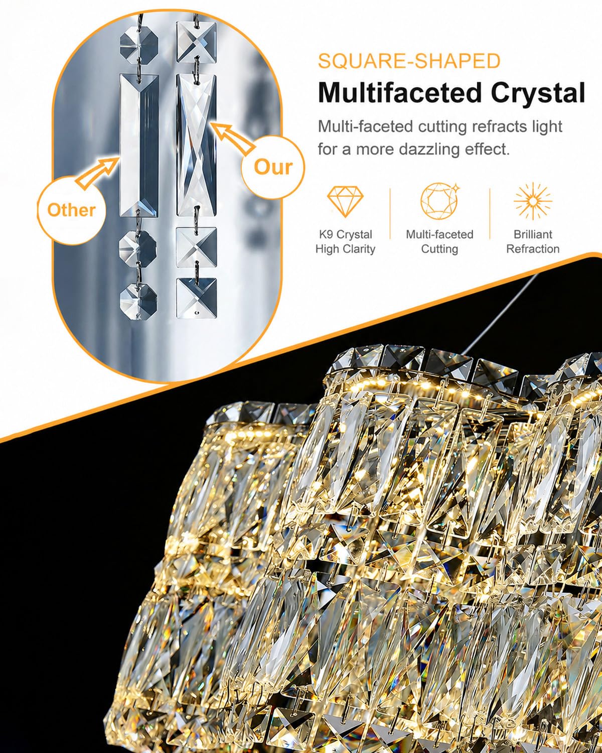 Dfxinyuan Modern Rectangle Crystal Chandeliers for Dining Room 31.4″ Linear Glass Chandelier Pendant Light Fixture for Kitchen Island Living Room, L31.4″×W13.7″×H8.6″