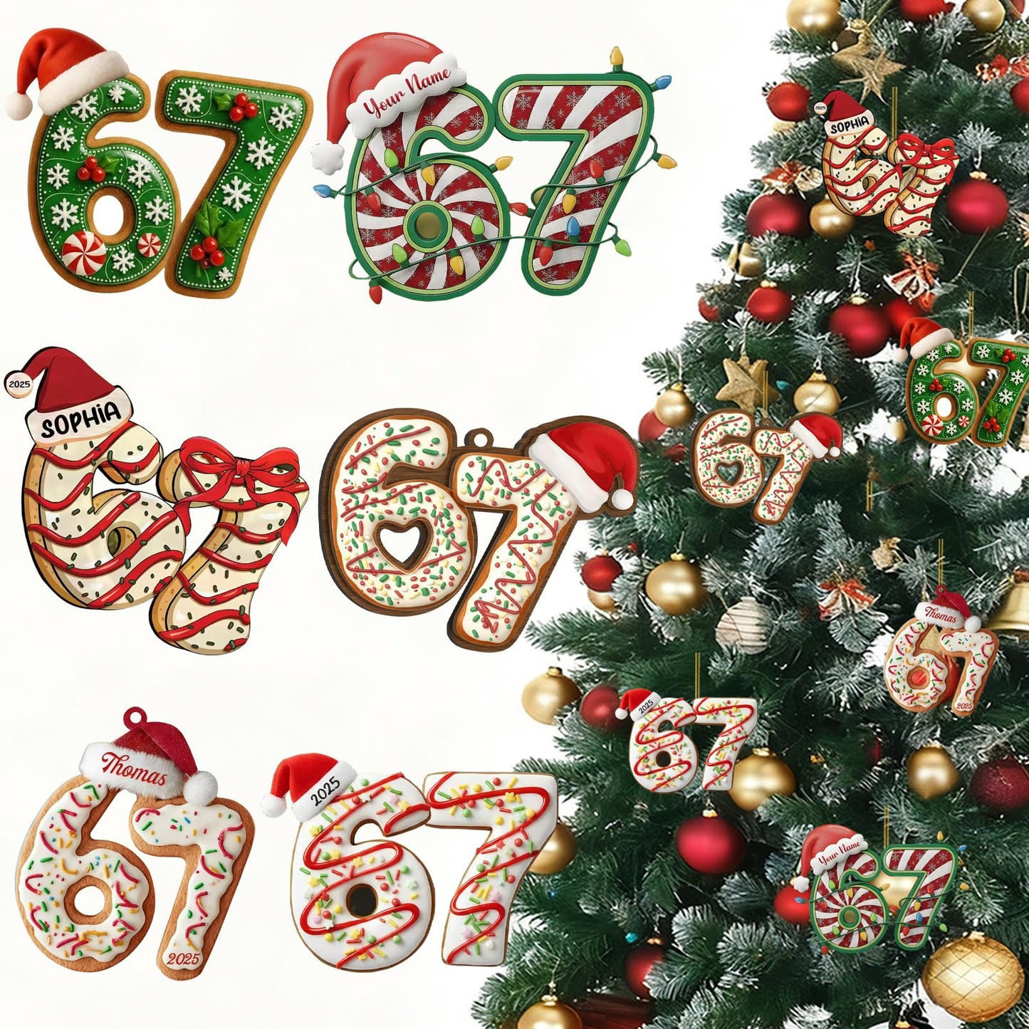 67 Christmas Tree Decoration,6Pcs Fun 67 Christmas Ornament, Cute 67 Ornament Xmas Tree Accessories Christmas Pendants Hanging, Santa Hat Cane Candy Christmas Ornament