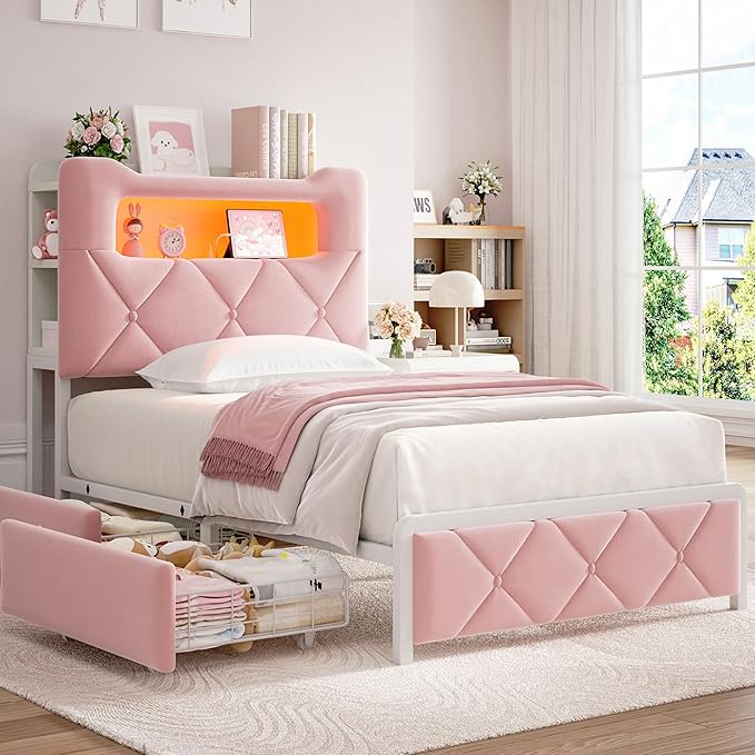 Twin Upholstered LED Bed Frame
