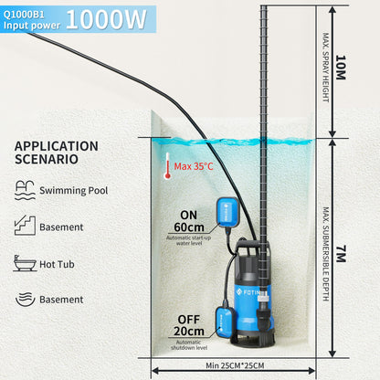 FOTING 1000W Submersible Water Pump to Empty Pool, Dirty/Clean Water, 17600 L/H Electric Sump Pump with Float Switch, Portable Water Pump for Garden Pond, Hot Tub, Pool Draining, Ditches
