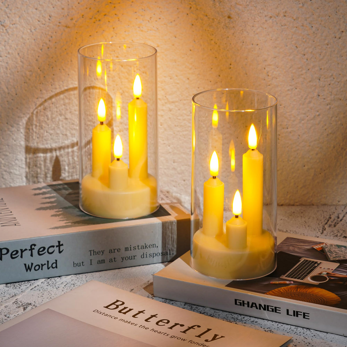 2 Pack Flameless Taper Candles, 3D Realistic Wick LED Taper Candle Lights with Clear Acrylic Cover, Remote Control Battery Operated Flickering Candles for Wedding, Party, Christmas, Home Table Decor.
