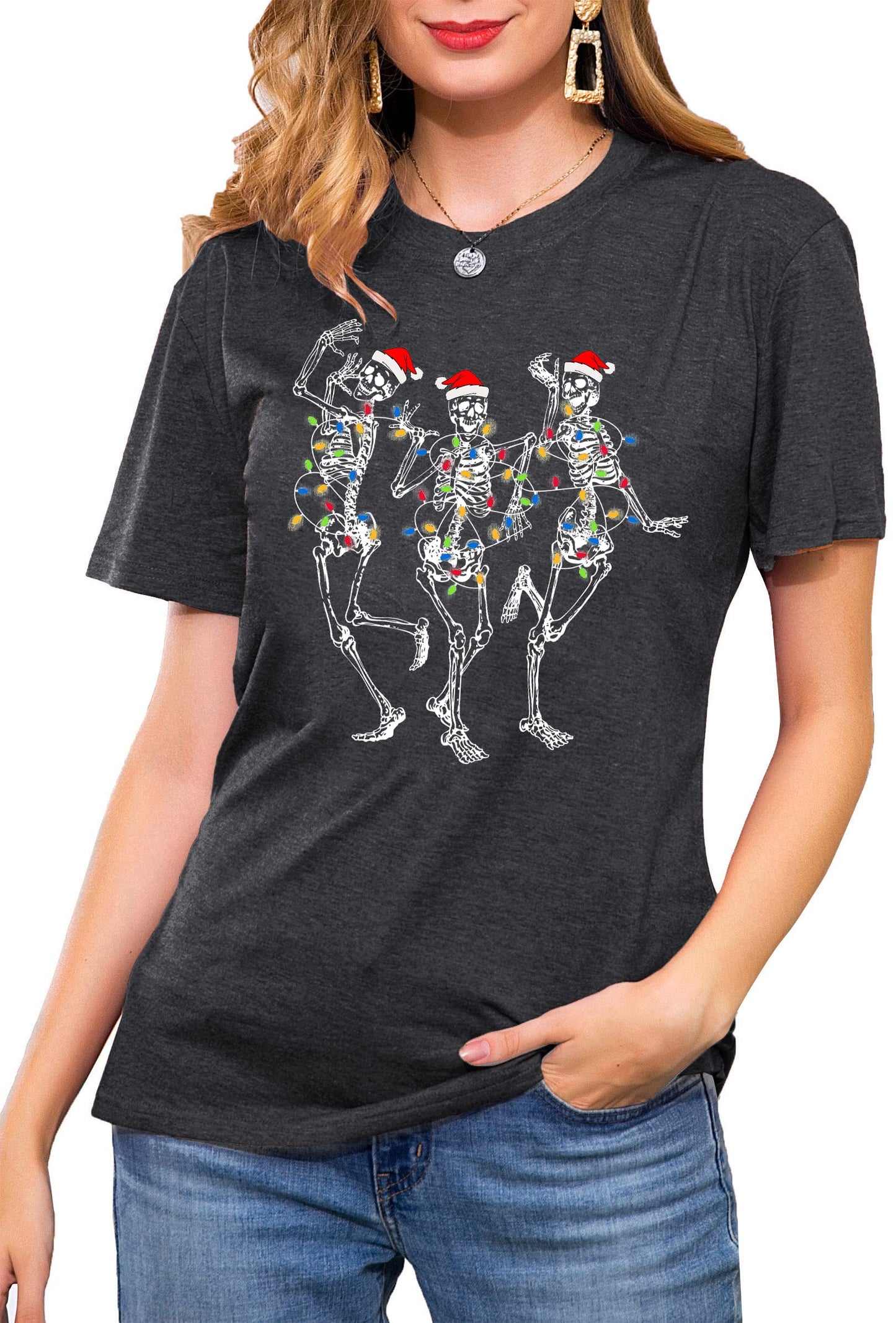 Dancing Skeleton Shirt for Women Christmas T-Shirt Xmas Graphic Tees Holiday Tops Blouse Gift Gray